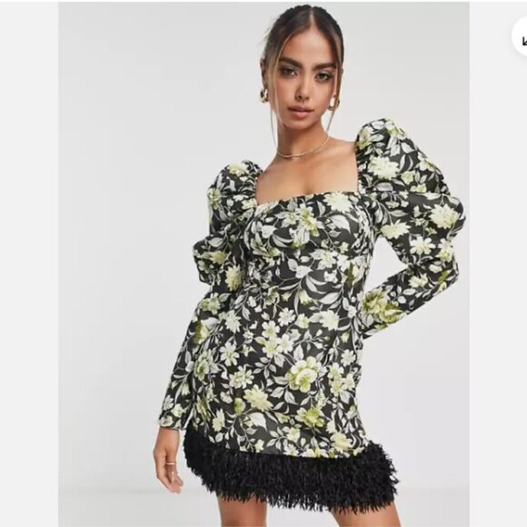 NWT Miss Selfridge Mini Dress With Faux-Fur Trim in Floral Jacquard Size 6 - Picture 1 of 16